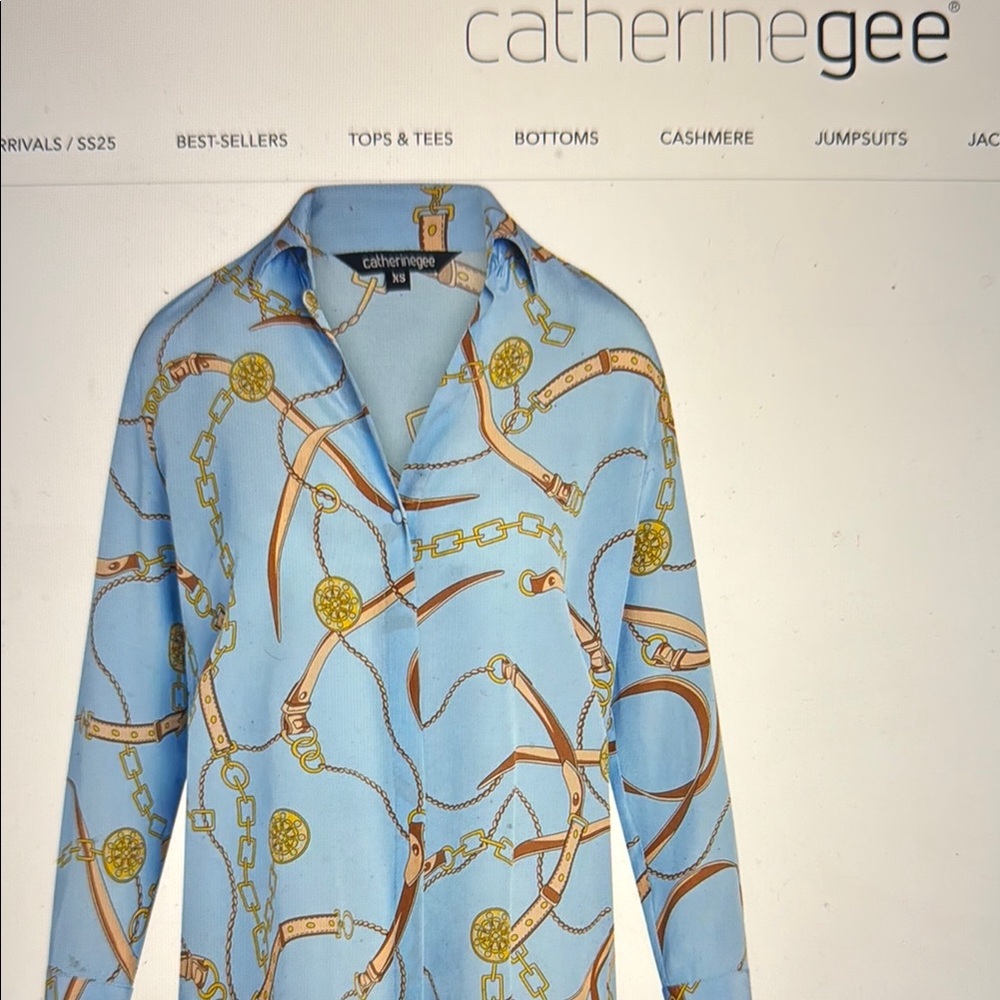 Catherine Gee Blue Chain Print Blouse Daria French Cuff Silk Blouse - San Telmo